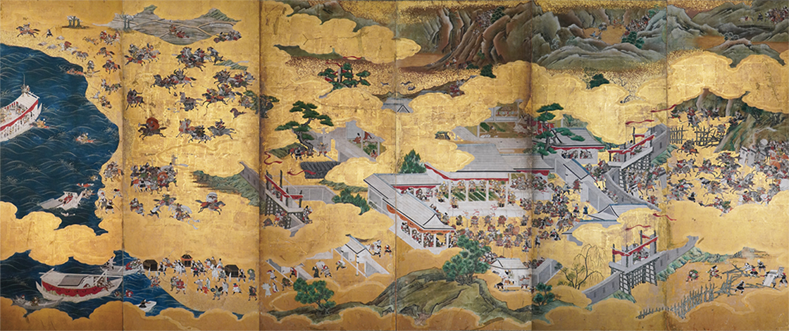 《源平合戦図屏風》（右隻） 江戸時代 紙本金地着色 151.2×364.0cm 金城コレクション蔵