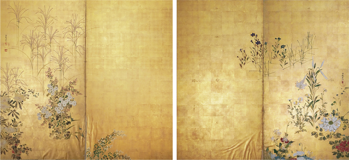 《草花図屏風》江戸時代、金城コレクション蔵、川崎男爵家旧蔵
